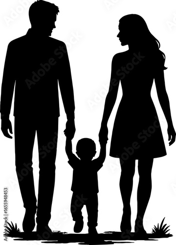 Parents Walking with Toddler ? Silhouette of Young Family silhouette vector art with white background 