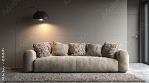 A modern living room with light Brutalist architecture features a large comfy sofa with pillows,
