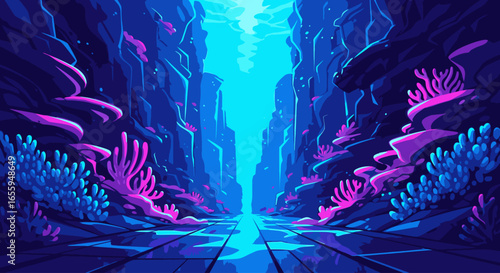 A vibrant pixel art illustration of a deep underwater canyon with glowing pink coral and a bright turquoise light filtering from above.