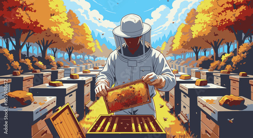 A beekeeper in a protective suit inspects a honeycomb frame in a large apiary during autumn.