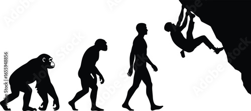 Evolution of humans, ape to man, silhouette progression, physical development, educational concept, scientific illustration, human transformation, evolutionary stages, modern climb