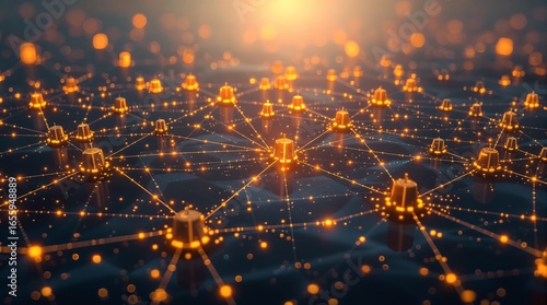 An abstract visualization of a glowing, interconnected digital network with nodes and data pathways against a dark background.