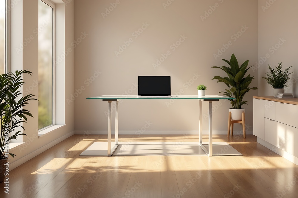 Fototapeta premium A bright and minimalist home office with a glass-top desk, laptop, and abundant natural light.