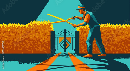 A gardener in a hat trims a vibrant orange hedge with large shears in front of a decorative gate.