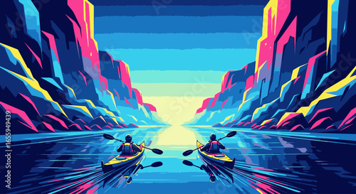 Two kayakers paddle down a serene river through a vibrant, colorful canyon in a stylized digital illustration.