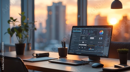 A modern office desk with a computer displaying business data and graphs, illuminated by the warm glow of a city sunset outside a large window.