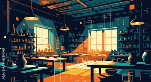 Stylized illustration of a sunlit pottery workshop with ceramic creations on shelves and worktables.