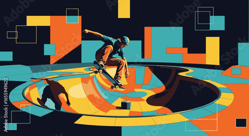 A stylized illustration of a skateboarder performing a trick in a colorful, abstract geometric skatepark.