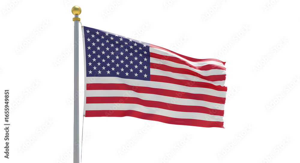 Obraz premium American flag waving on flagpole isolated on white background, USA patriotism and national symbol, perfect for Independence Day celebrations