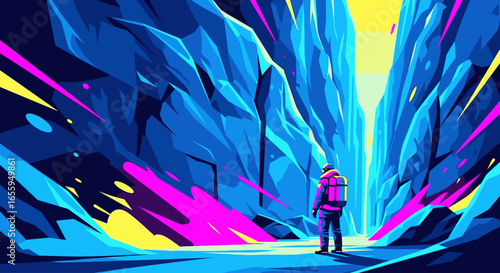 Vibrant illustration of a lone adventurer with a backpack standing in a glowing, colorful canyon.
