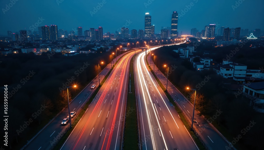 Fototapeta premium Aerial Night Highway Interchange With Glowing Urban City Lights Generate Ai