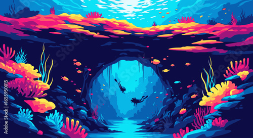Two scuba divers explore a vibrant underwater cave filled with glowing, colorful coral reefs and marine life.