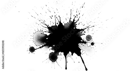 High contrast black watercolor ink stain and splash overlay on transparent background for striking visuals