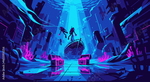 Neon-lit underwater ruins with scuba divers discovering a shipwreck and glowing treasure chests.