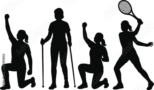 people silhouettes, physical activity, exercise poses, walking poles, tennis action, kneeling posture, black outline, movement design, sports gesture, vector art