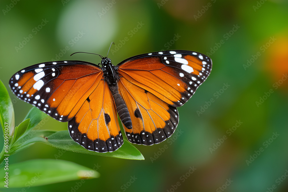 Close up of a monarch butterfly perched on a green leaf with its wings fully spread open in nature Close up of a monarch butterfly perched on a green leaf with its wings fully spread open in nature