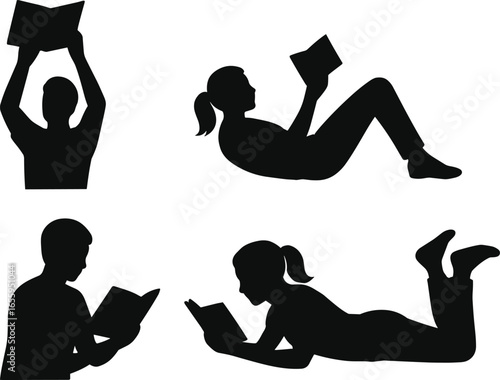 reading silhouettes, book lovers, relaxed posture, lying down, sitting position, black outline, white background, leisure activity, study moment, vector design