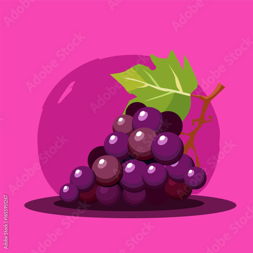 Juicy and healthy purple grape isolated on bright colorful background. Vector fruit illustration in flat style. Summer clipart for diet design, healthy lifestyle, nutrition