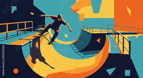A dynamic, stylized illustration of a skateboarder performing a trick on a colorful half-pipe ramp.