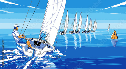 A sailor leads a fleet of sailboats in a competitive regatta on a sunny day.