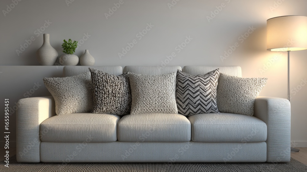 Fototapeta premium Modern living room with a beige sofa featuring textured cushions, white shelf with greenery, warm floor lamp,