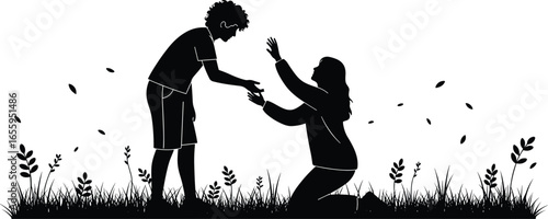 Silhouette of child helping adult, outdoor nature scene, compassion and support, emotional moment, family bonding, black and white vector illustration