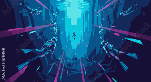 A stylized illustration of scuba divers exploring a deep, glowing underwater chasm.