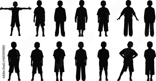 Silhouette, children, standing, poses, cartoon, character, body language, gesture, black, vector, group, posture, kids, illustration, neutral, outstretched, hands, hips, row, shadow