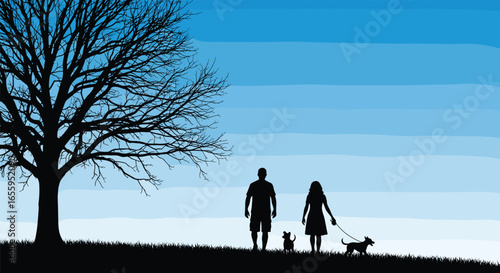 Silhouette of family walking with dogs, leafless tree, gradient sky, peaceful scene, outdoor stroll, black figures, minimal, isolated, nature