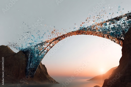 Futuristic landscape showcasing data bridge connecting mountains during vibrant sunset, symbolizing innovative technology and digital transformation in nature