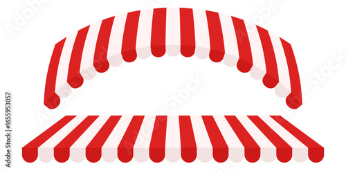 Red and White Awning Tent Vector. Sunshade Canopy for Shop Cafe or Market Stall. Striped Roof Element for Restaurant Outdoor Kiosk or Street Food Stand. Isolated Clipart.