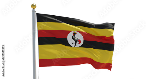 Free Download Uganda national flag waving on flagpole isolated on white background, symbol of East African country, perfect for cultural and educational projects - GFXLoad