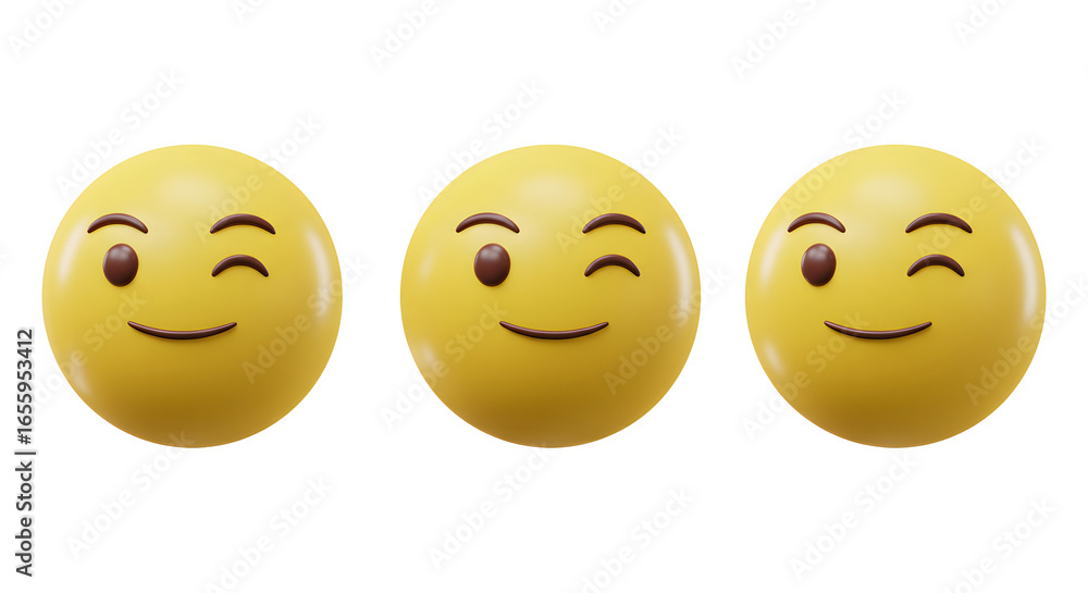 Fototapeta premium Three cheerful winking emoji illustrations on a smooth, yellow surface. These charming emoji convey happiness