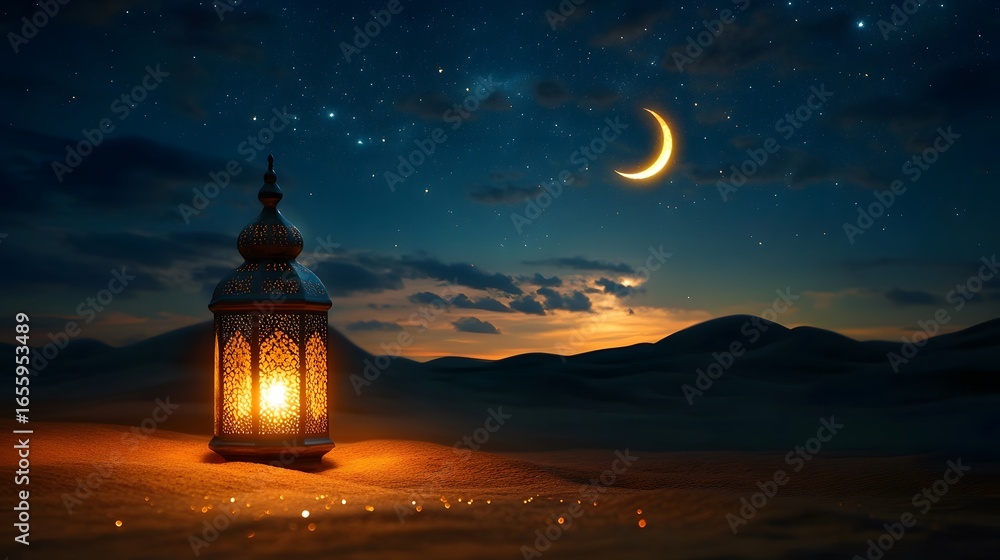Fototapeta premium Warm lantern illuminates desert landscape under crescent moon and starry night sky in tranquil evening setting