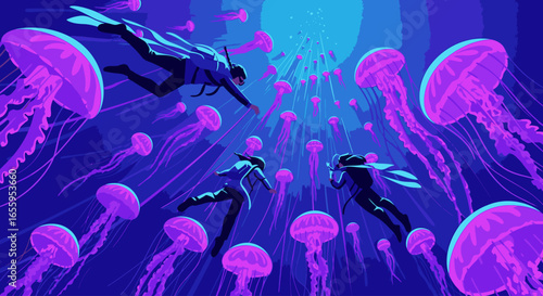 Three scuba divers explore a surreal, deep blue ocean teeming with a swarm of glowing purple jellyfish.