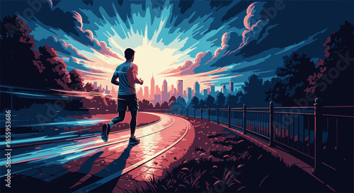 A lone runner jogs on a path towards a city skyline illuminated by a dramatic, radiant sunrise.