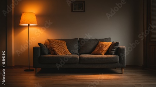 A cozy living room with a modern dark brown sofa, orange knitted throw pillows, elegant floor lamp, warm lighting,