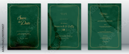 Luxury wedding invitation set with gold border accents on an emerald-green marble background. Features elegant typography and vintage layout, ideal for upscale, classic, and romantic wedding.