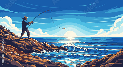 A solitary fisherman casts his line from a rocky coast into the ocean during a beautiful sunrise.