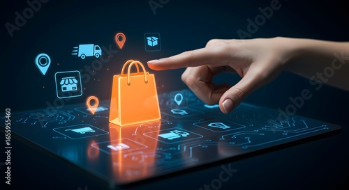 Futuristic Digital Retail: Hand Touching a Glowing Orange Shopping Bag on a Holographic Dashboard.