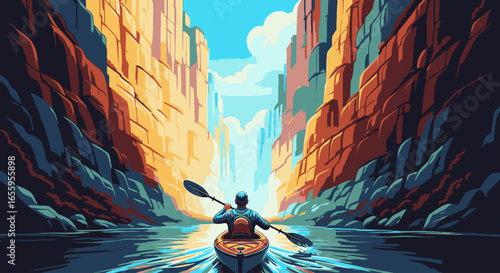 An adventurous kayaker paddles down a scenic river through a majestic and colorful canyon.