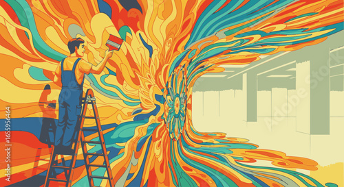 A painter on a ladder transforms a plain wall into a vibrant, swirling explosion of colorful abstract art.