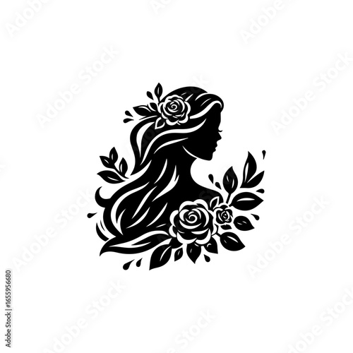 Elegant Black and White Silhouette of a Woman with Floral Accents 1.
