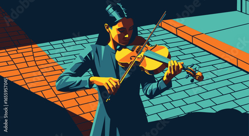 A young musician in a formal suit and hat plays the violin on a brick-paved street with dramatic shadows.