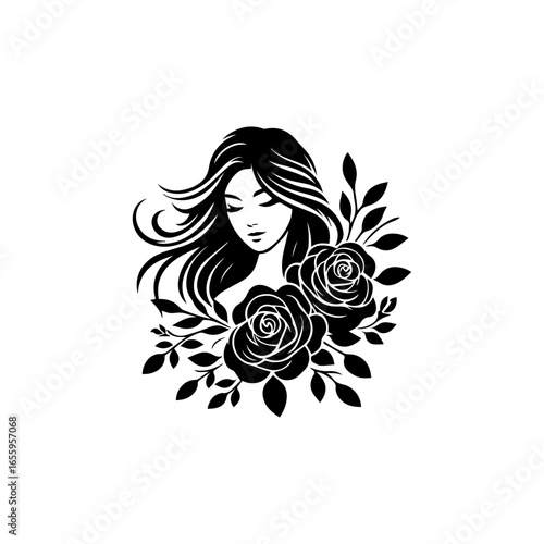 Elegant Black and White Silhouette of a Woman with Roses.