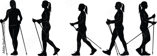 Silhouette of women, Nordic walking, fitness exercise, outdoor activity, trekking poles, healthy lifestyle, sport, physical movement, isolated, vector illustration