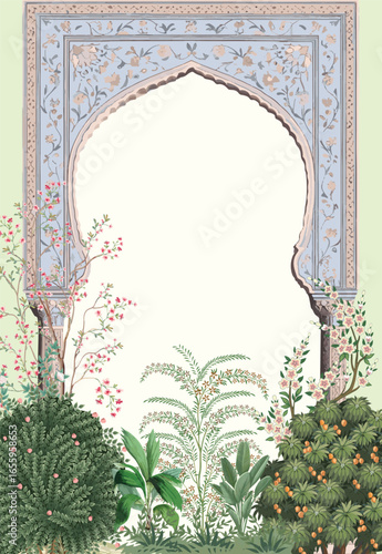 Traditional Mughal  garden with decorative arch frame , Indian Wedding Background, Wedding Invitation.
