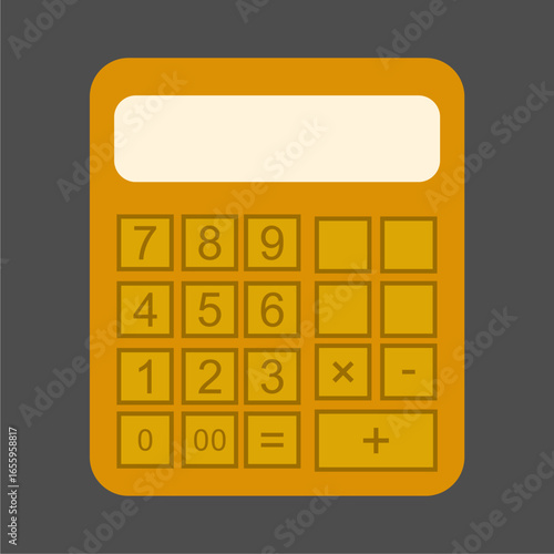 Flat illustration of a calculator in yellow color on dark background. Perfect for finance, accounting, business, mathematics, school, and office design. Ideal for websites, apps, infographics, present