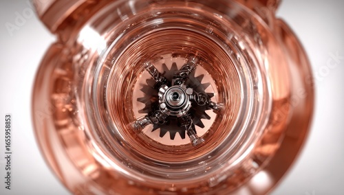 Close-up of a copper-toned blender's internal mechanism