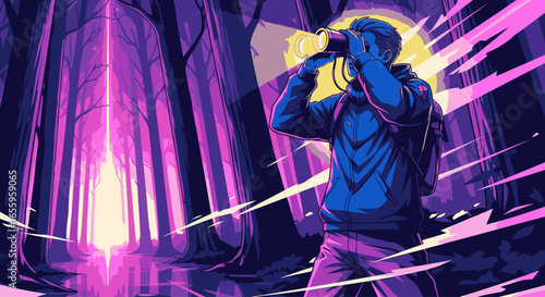 A lone explorer with binoculars observes a mysterious glowing light in a surreal purple forest.